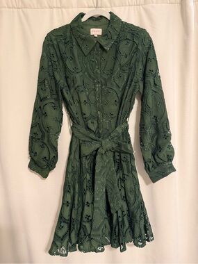 Ciebon Forest Green Lace Shirt Mini Dress with Tie Waist
